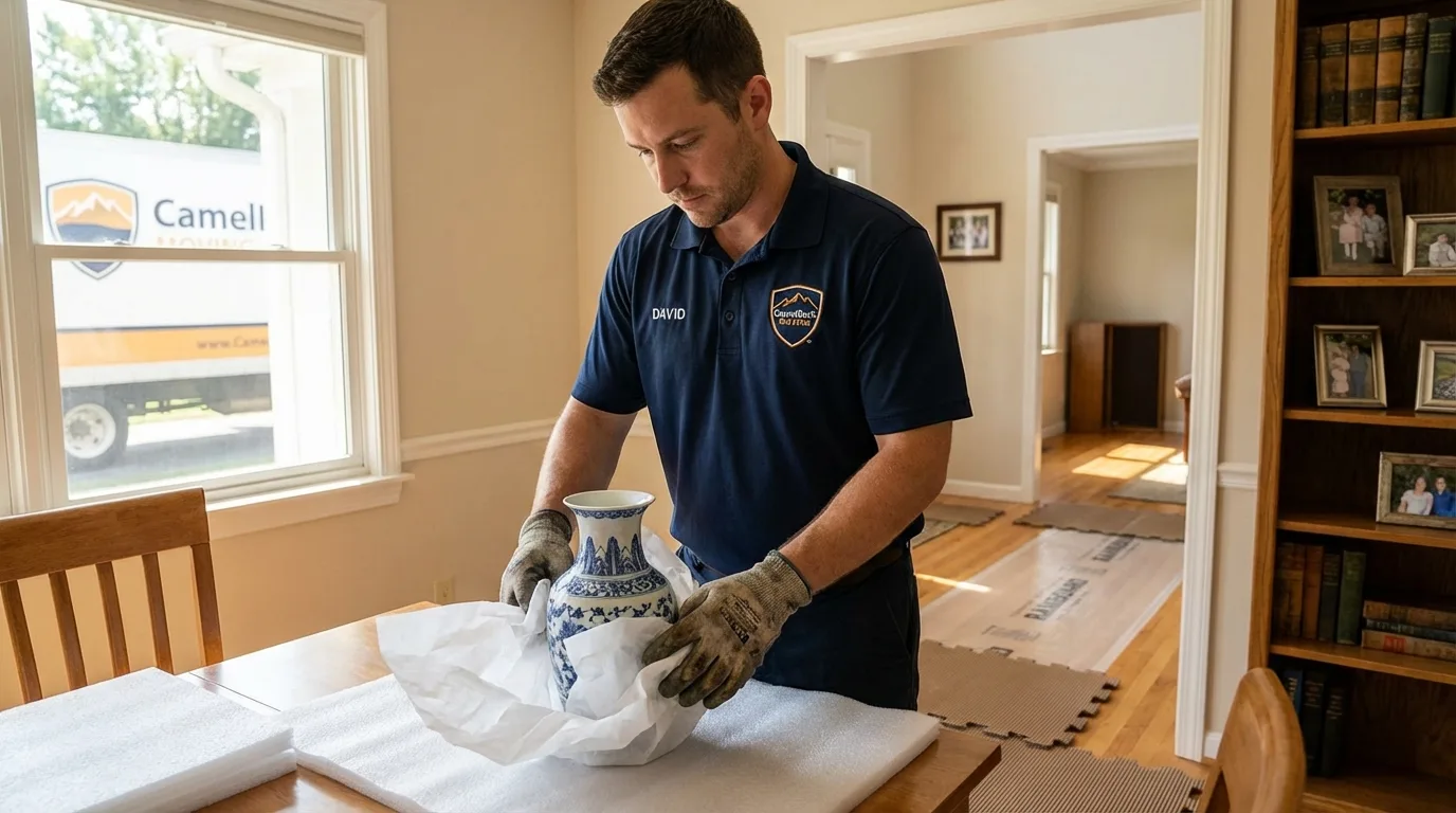 Professional crew carefully wrapping antique vase for senior downsizing move in Rural Retreat, VA